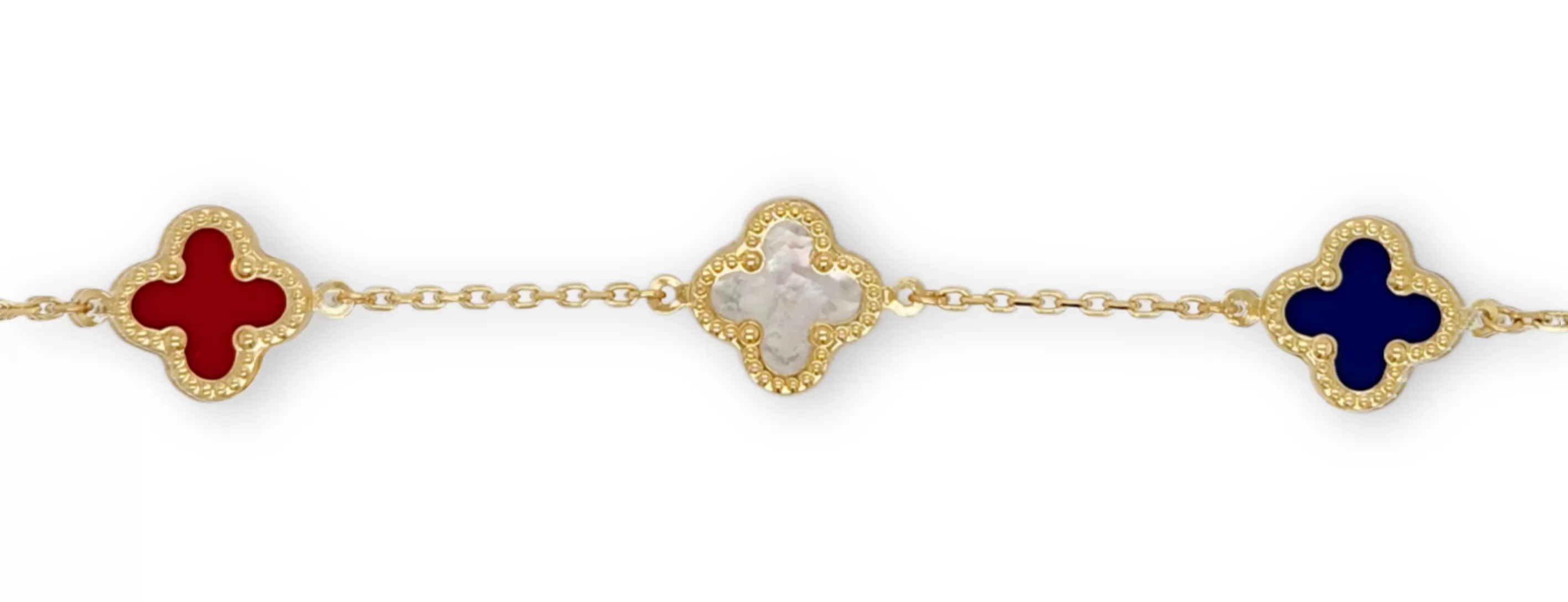 14k Gold Colored With Beaded Border Clover Bracelet