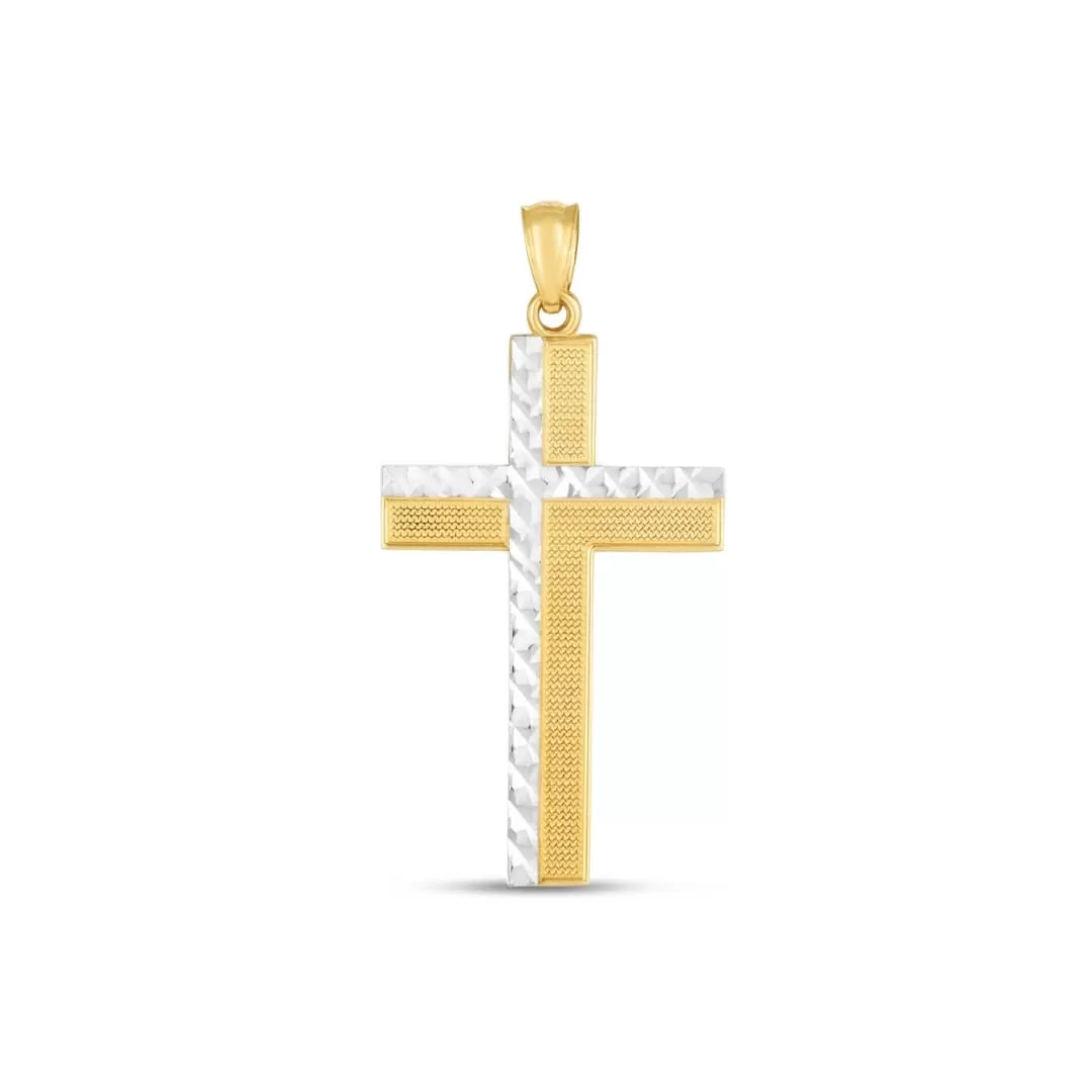 14k Two Tone Gold High Polish Diamond Cut Cross Pendant