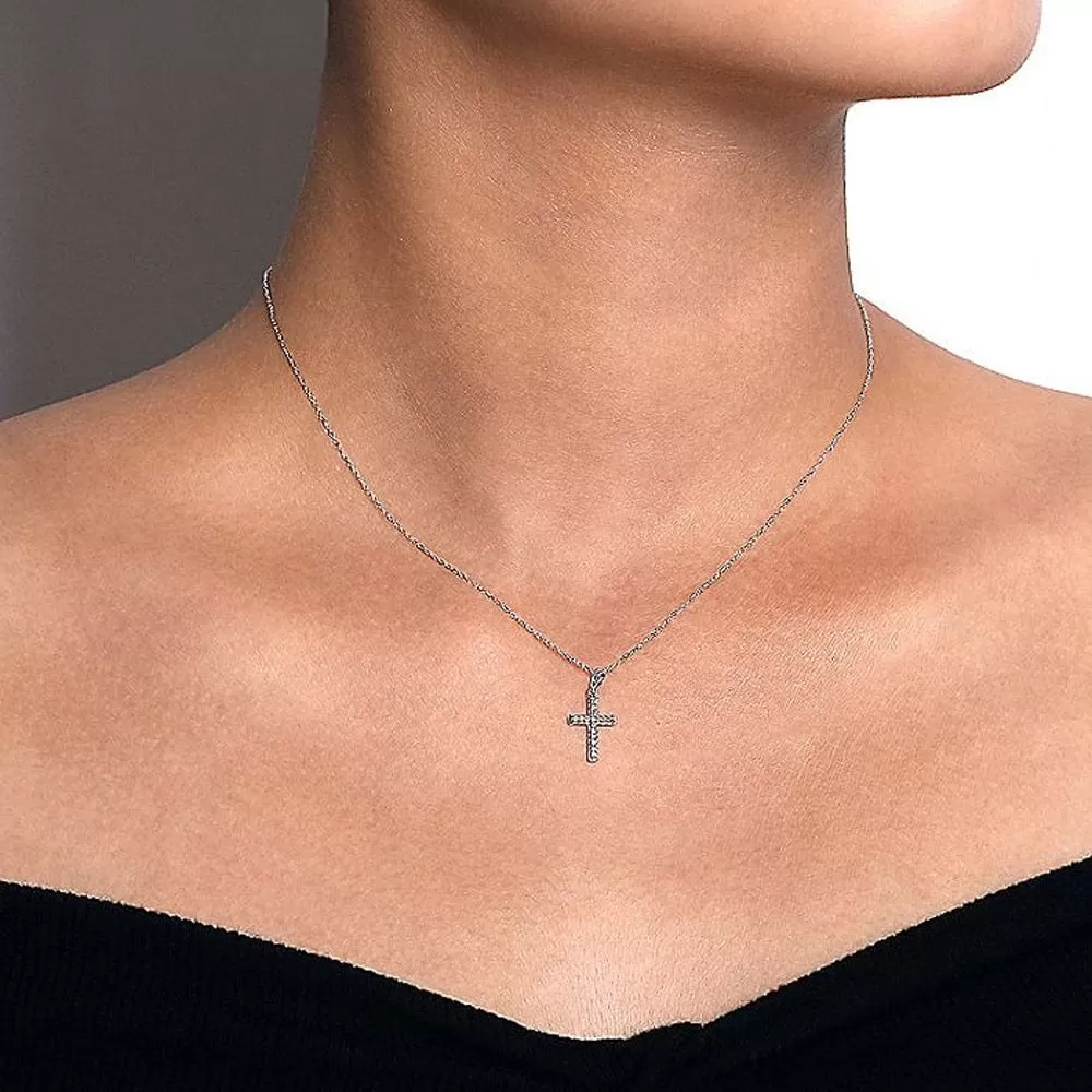 14k White Gold Classic Diamond Cross Necklace