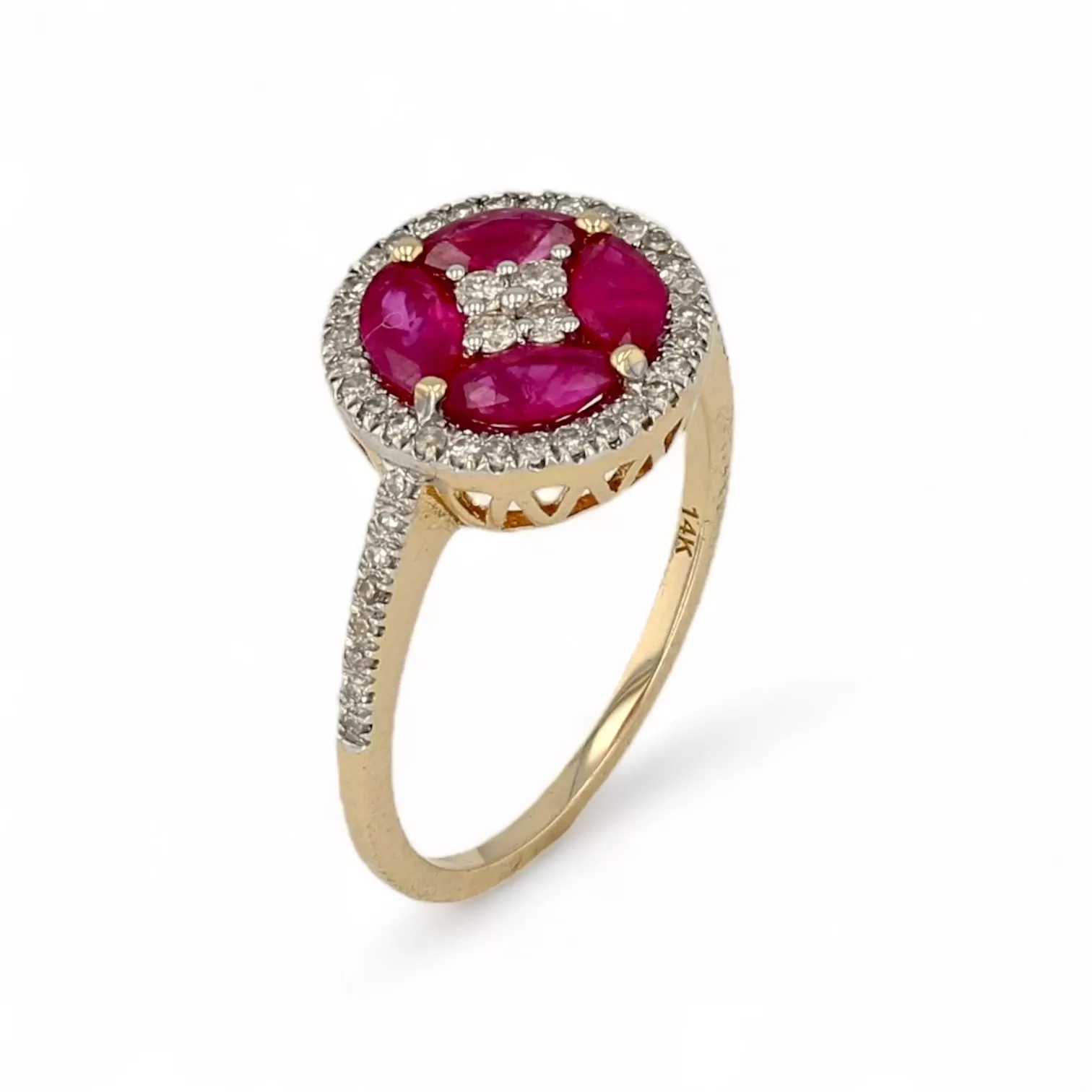 14K Yellow gold red ruby diamonds accents clover ring-19688