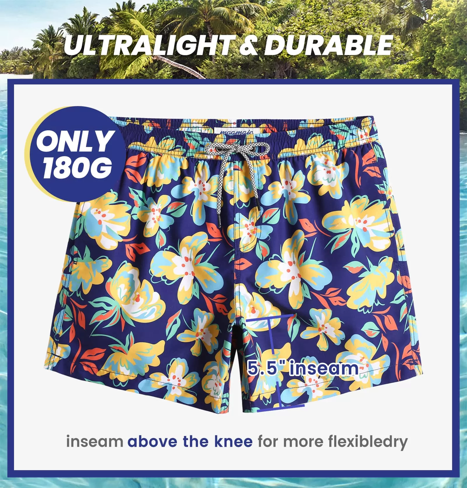 5.5 Inch Inseam Navy Butterfly Flower Swim Trunks