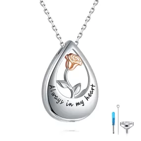 925 Sterling Silver Rose Infinity Teardrop Urn Necklace with Cubic Zirconia Pet Human Ashes