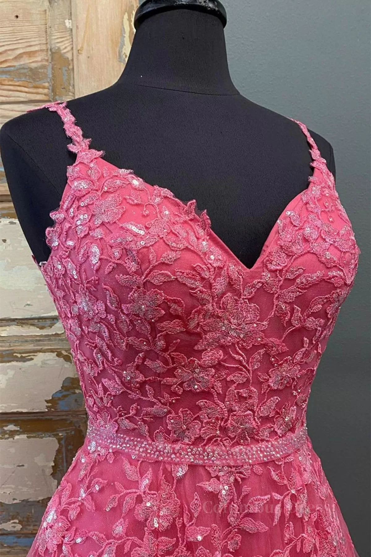 A Line V Neck Open Back Beaded Hot Pink Lace Long Prom Dresses, Hot Pink Lace Formal Graduation Evening Dresses