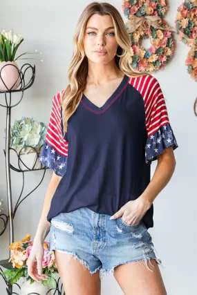 American Flag USA Plus Size V-Neck Flounce Sleeve T-Shirt