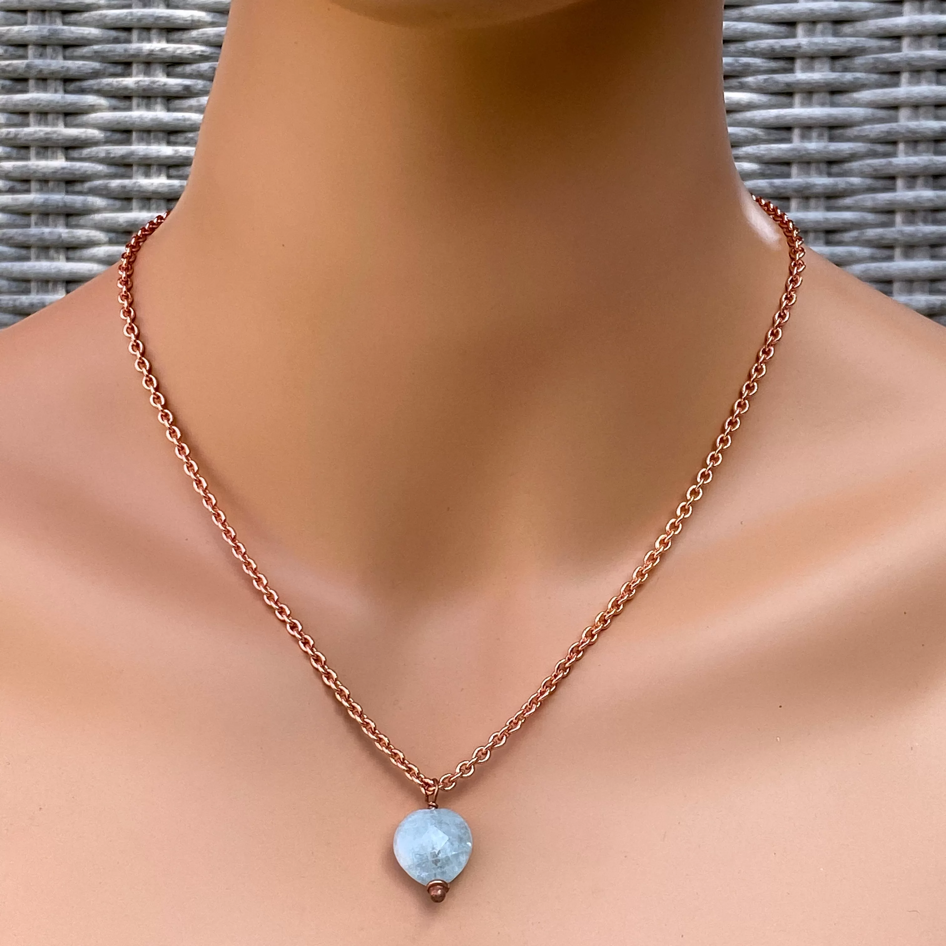 Aquamarine gemstone carved Heart on Copper Chain