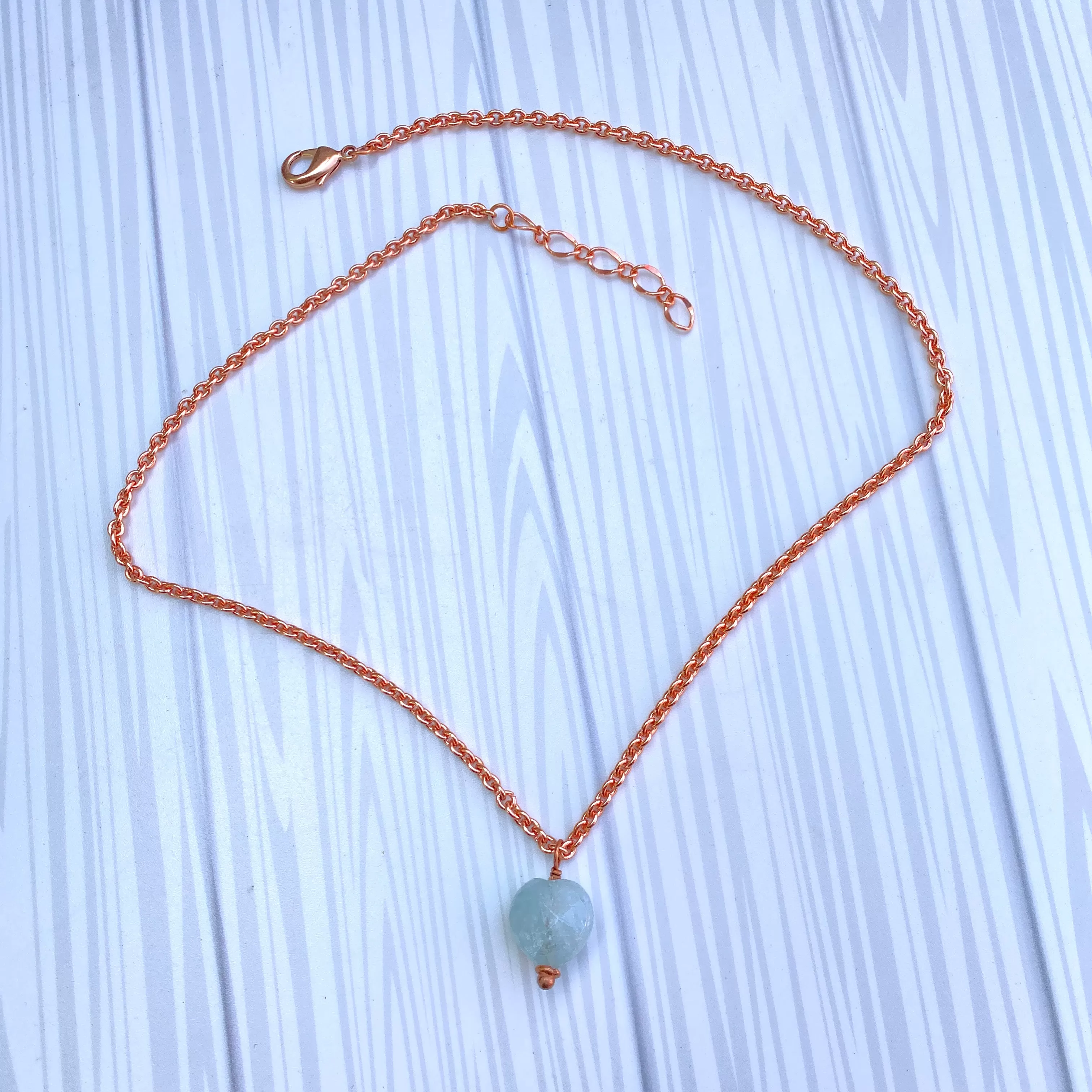 Aquamarine gemstone carved Heart on Copper Chain