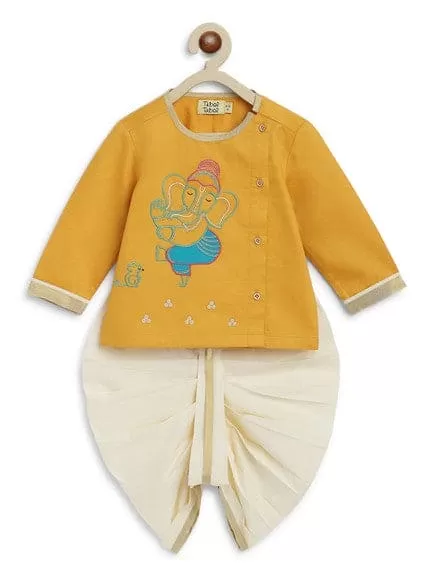 Baby Boy Ganesha Embroidered Cotton Dhoti Kurta Set - Yellow