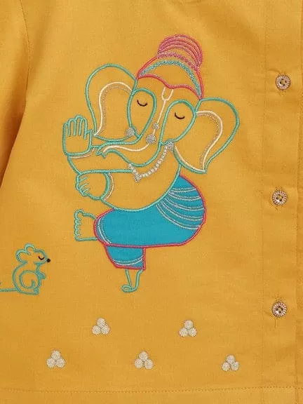 Baby Boy Ganesha Embroidered Cotton Dhoti Kurta Set - Yellow