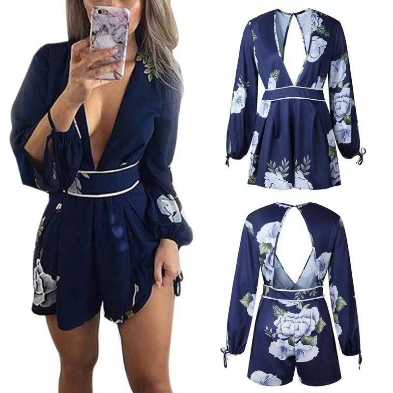 BACKLESS NAVY FLORAL ROMPER