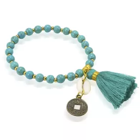 Balinese Traditional Coin and Tassel Turquoise Colored Bead Bracelet - One Size Fits Most