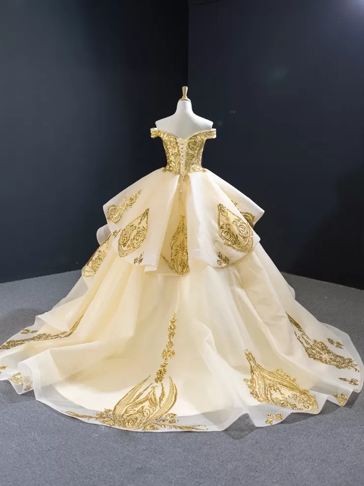 Ball Gown Off The Shoulder Prom Dress Vintage Gold Quinceanera Dress #ER2015