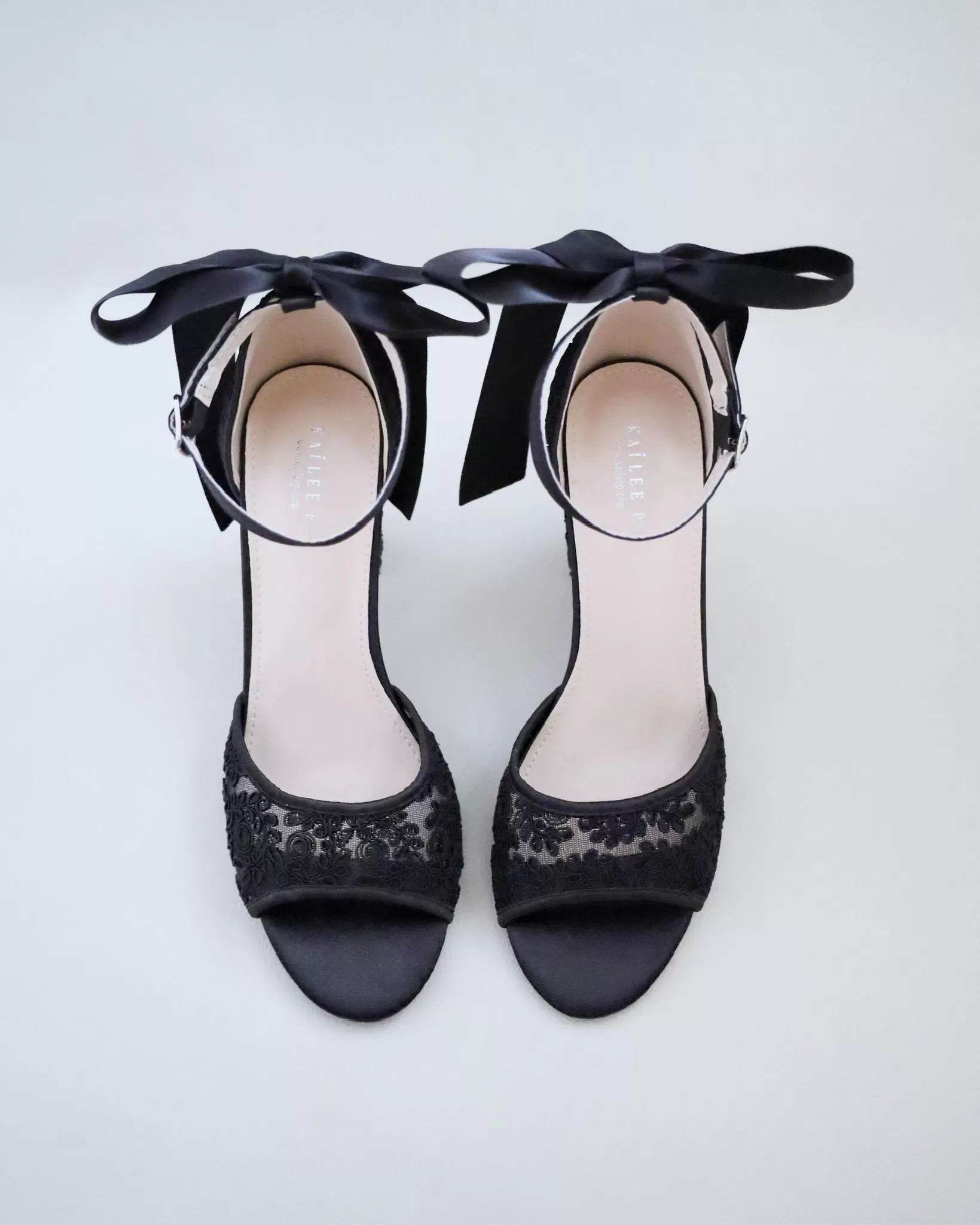 Black Crochet Lace Block Heel Evening Sandals with Satin Back Bow