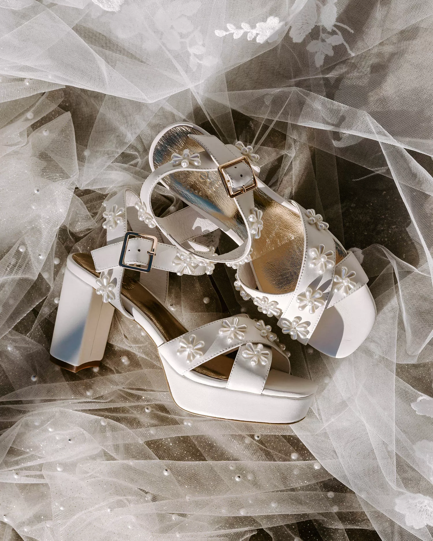 BLOOM PLATFORMS - PEARL FLOWER IVORY BRIDAL SHOES