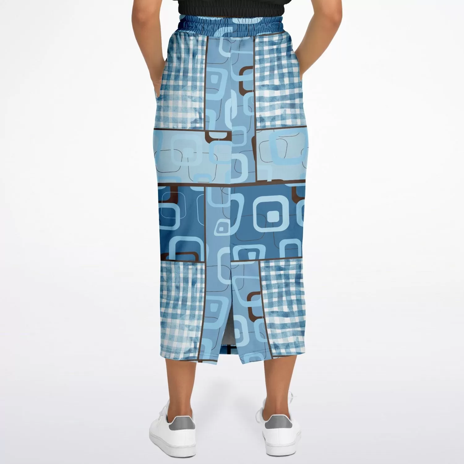 Blue Geo Patchwork Eco-Poly Long Pocket Skirt