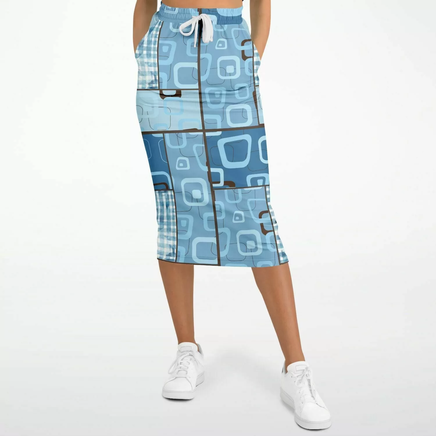 Blue Geo Patchwork Eco-Poly Long Pocket Skirt