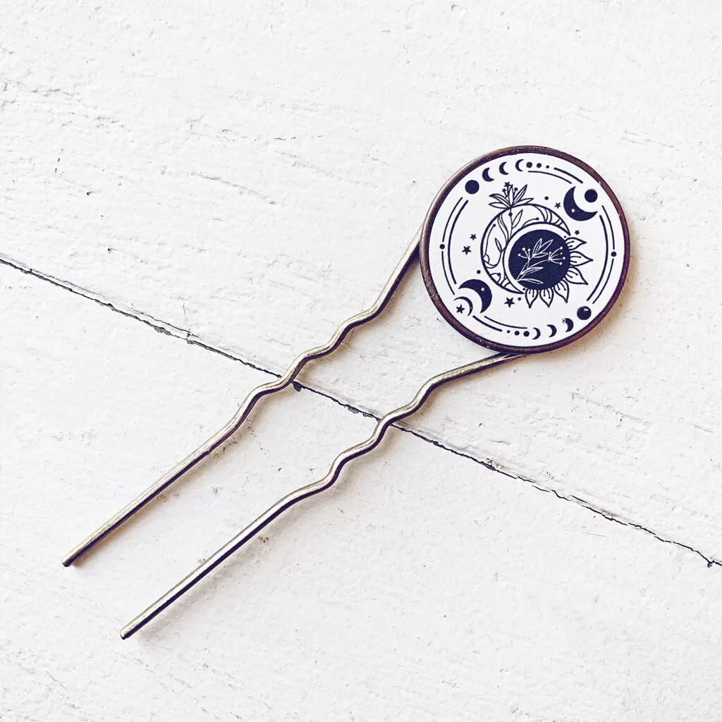 bohemian moon // antique brass hair fork stick pin with moon sun and flower motif