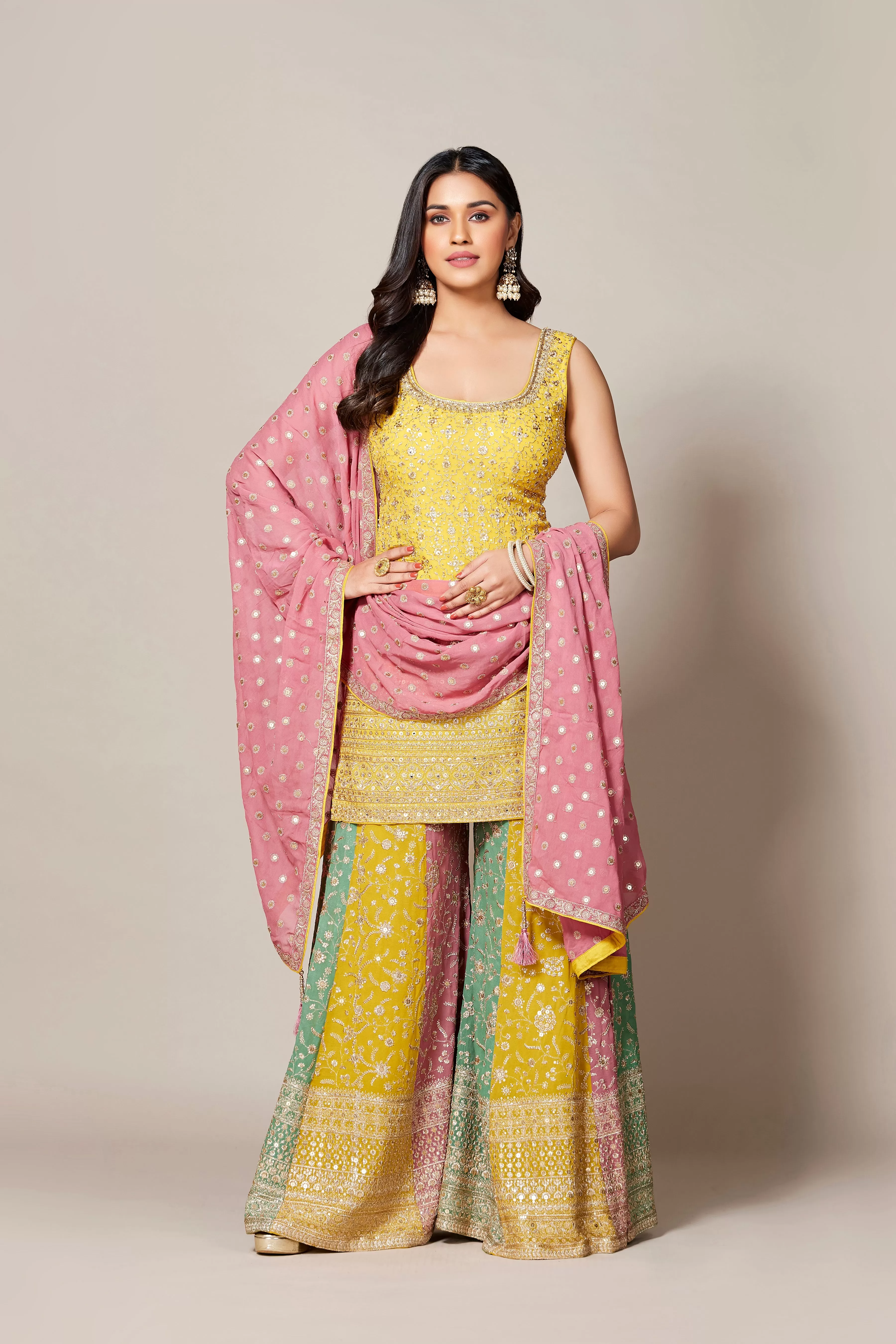 Bright Yellow Embellished Swiss Georgette Silk Palazzo Set