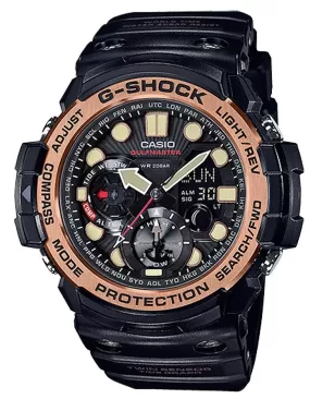 Casio Mens G-Shock Gulfmaster - Twin Sensor - Black Case & Rose Gold-Tone - 200m