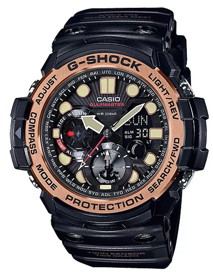 Casio Mens G-Shock Gulfmaster - Twin Sensor - Black Case & Rose Gold-Tone - 200m