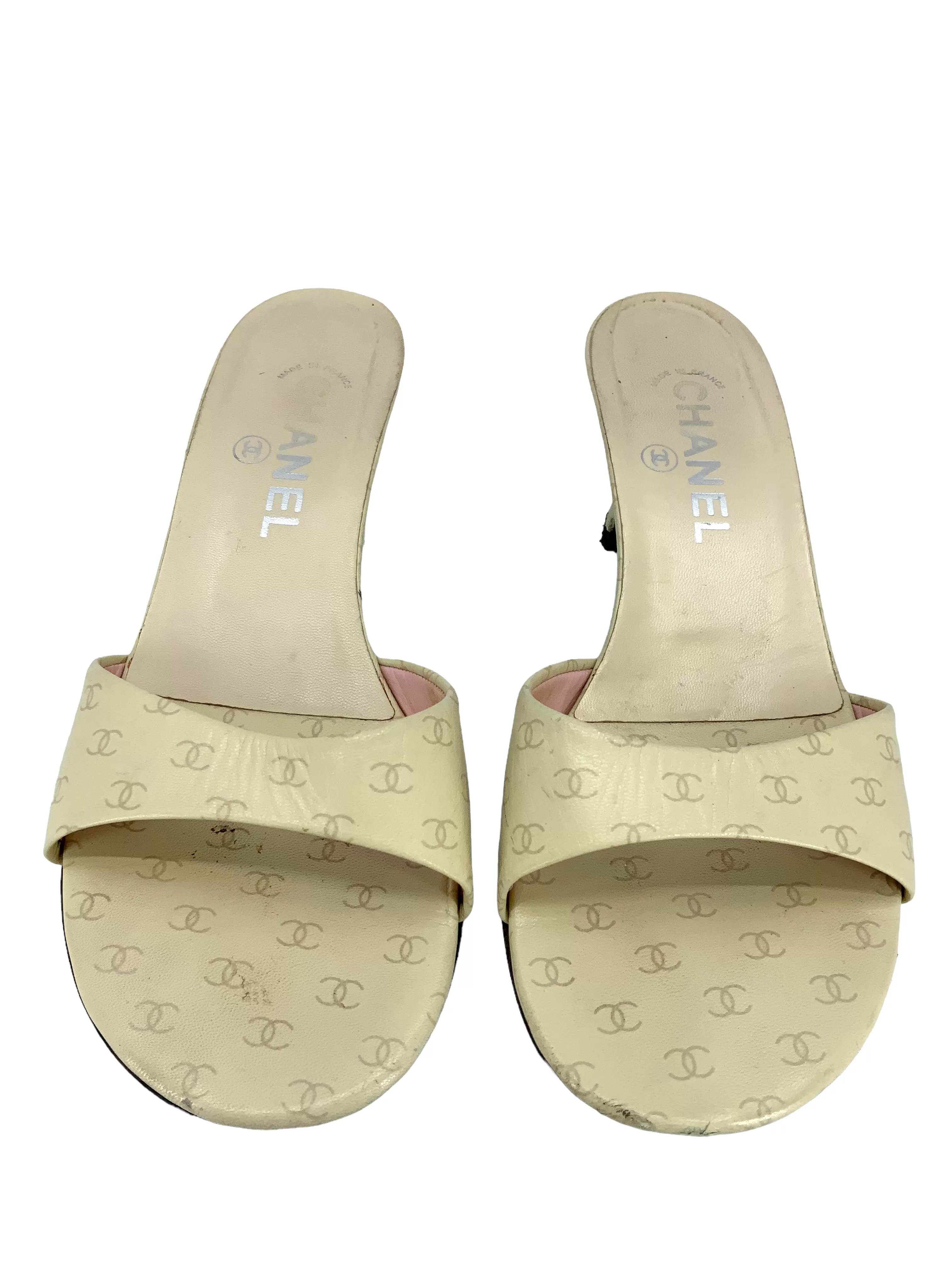 CHANEL Vintage CC Logo Printed Leather Slides Size 7.5