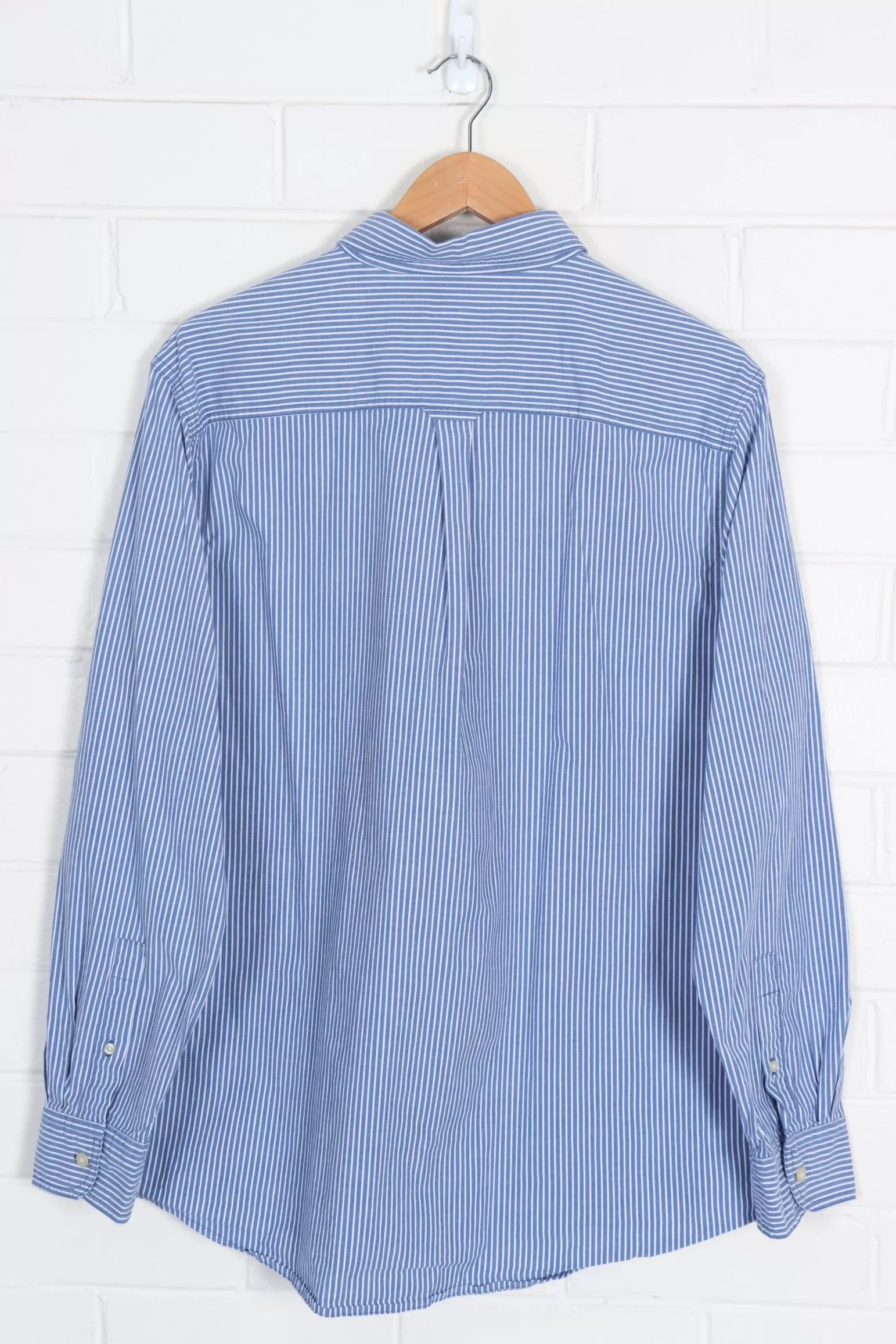 CHAPS Embroidered Crest 'Stretch Poplin' Blue & White Stripe Shirt (L-XL)