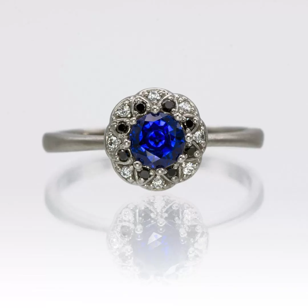 Chatham Blue Sapphire, Black & White Diamond Halo Palladium Engagement Ring, size 4 to 9