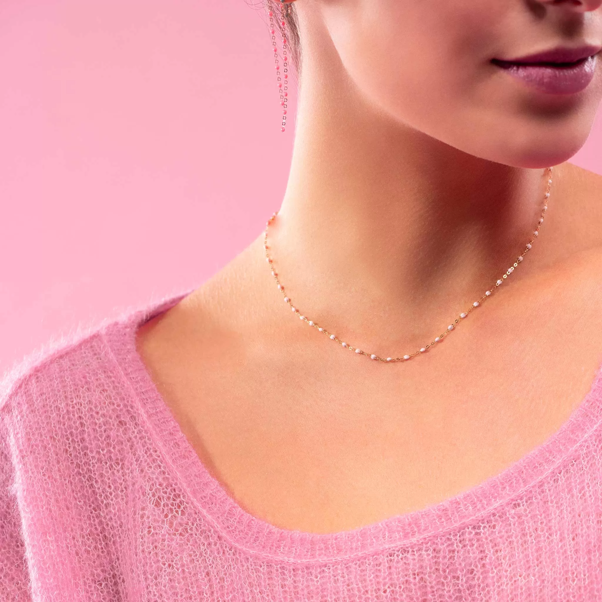 Classic Gigi Baby Pink necklace, yellow gold, 16.5"