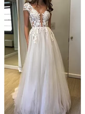 Copy of Cap Sleeve Deep V-neck Prom Dress With Appliques Sexy Split Wedding Dresses, OL651