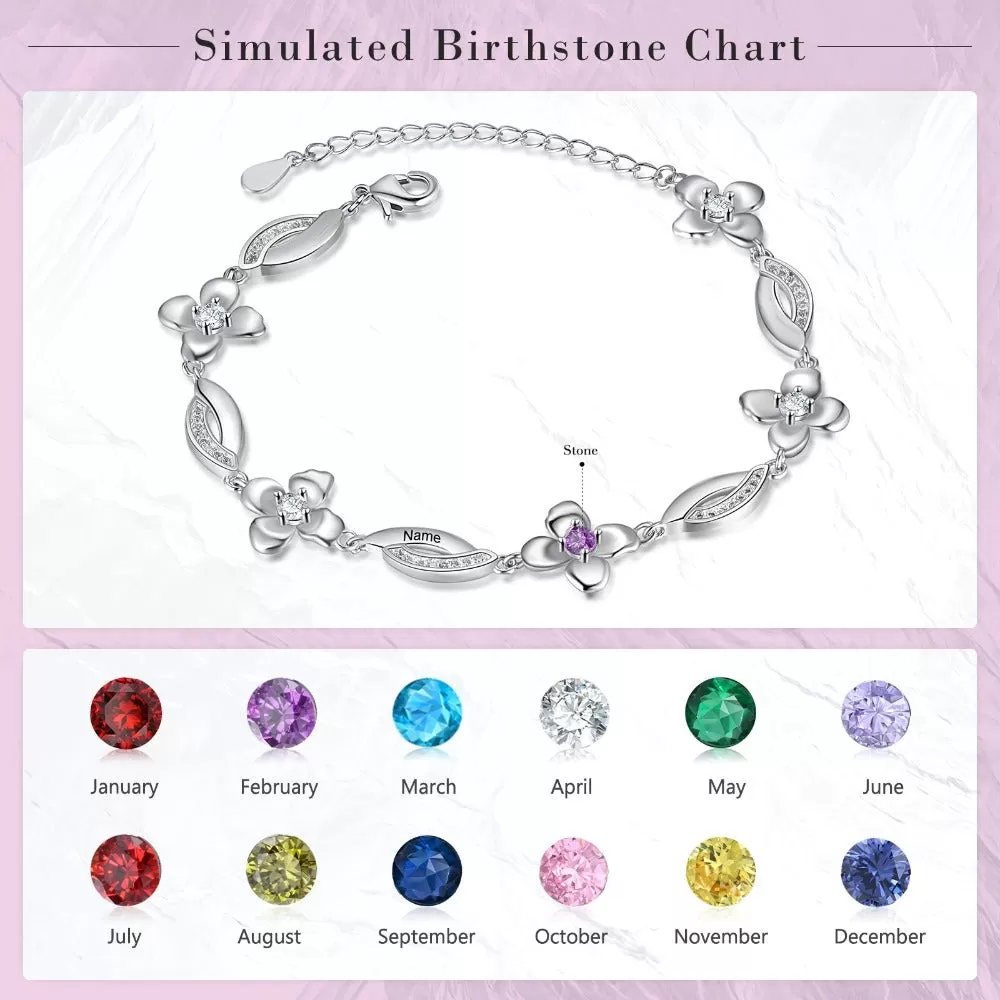 Customized Flower Bracelet With 2 Birthstones For Women