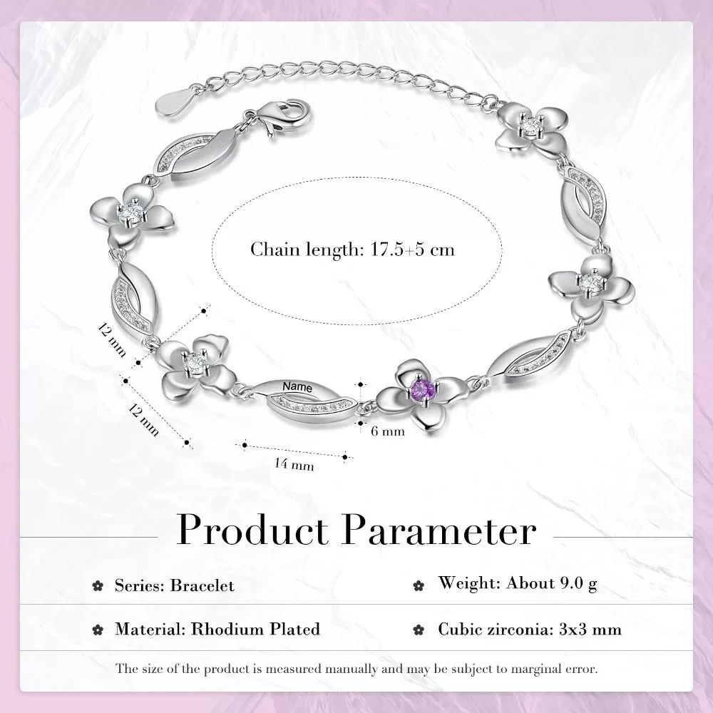 Customized Flower Bracelet With 2 Birthstones For Women