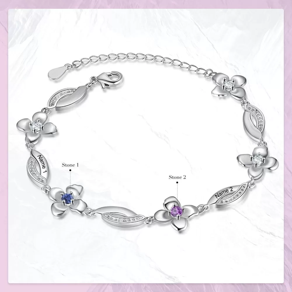 Customized Flower Bracelet With 2 Birthstones For Women