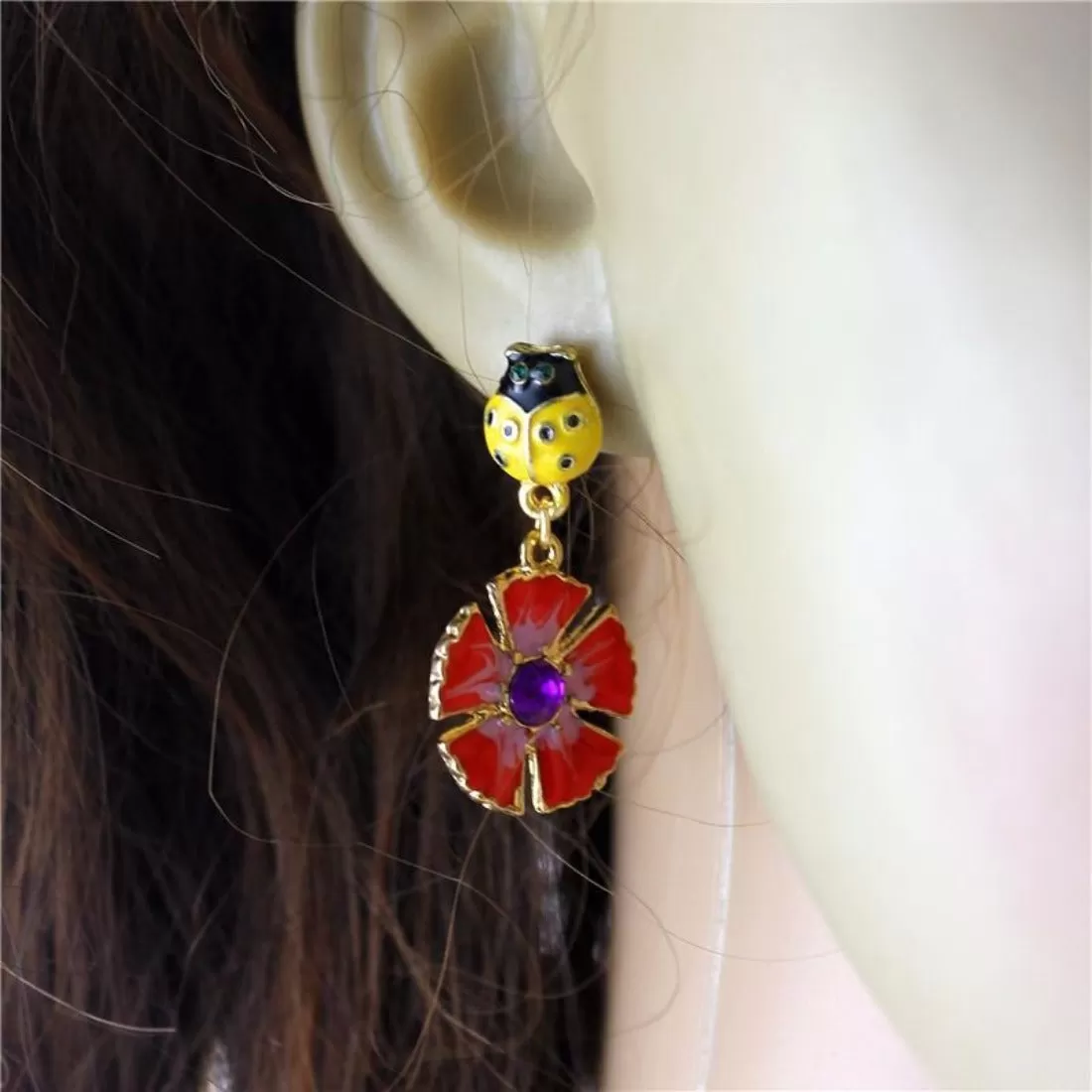 Cute enamel yellow bug red flower drop earring