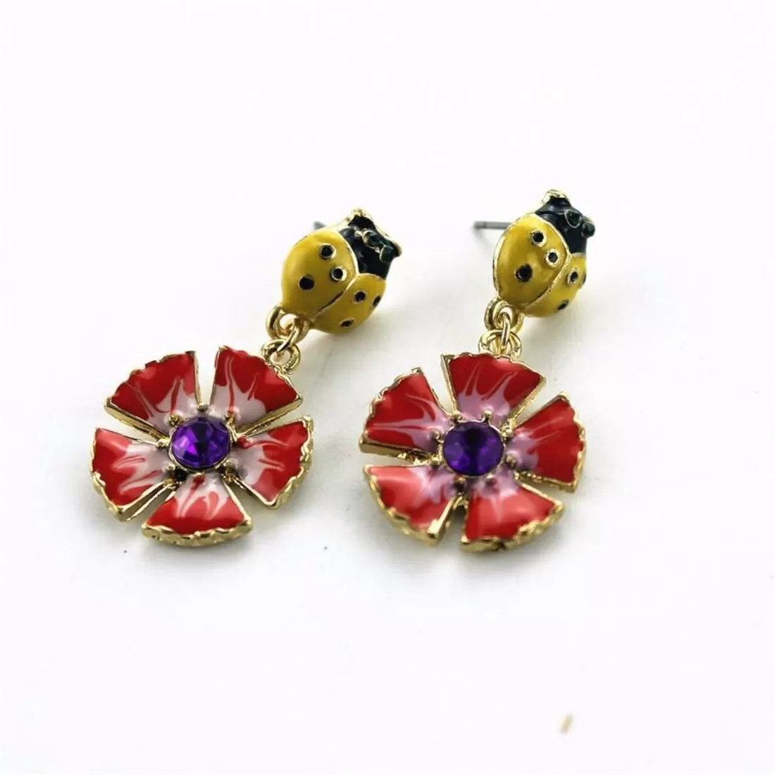 Cute enamel yellow bug red flower drop earring