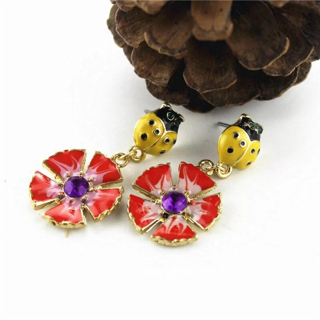 Cute enamel yellow bug red flower drop earring