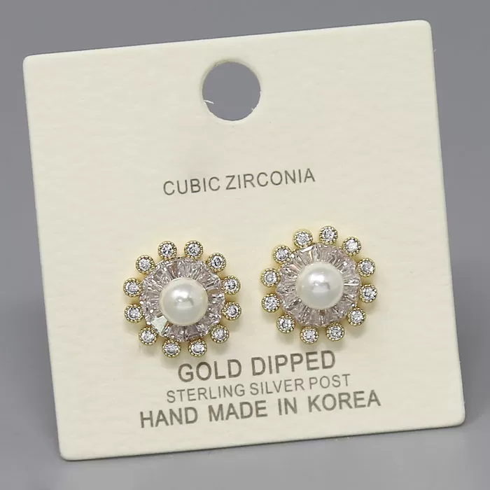 CZ Pave Flower With Pearl Gold Dipped Stud Earrings