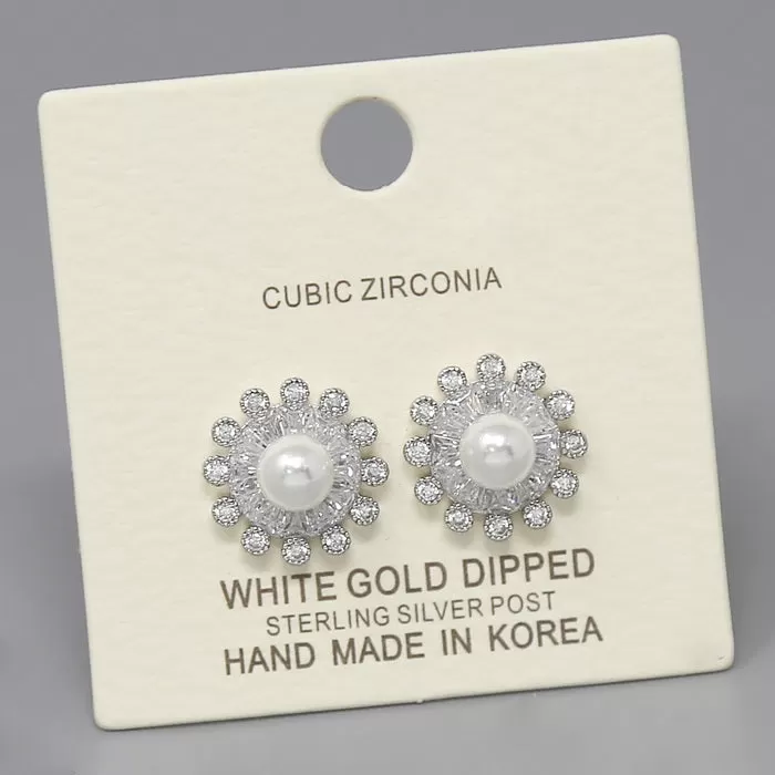 CZ Pave Flower With Pearl Gold Dipped Stud Earrings