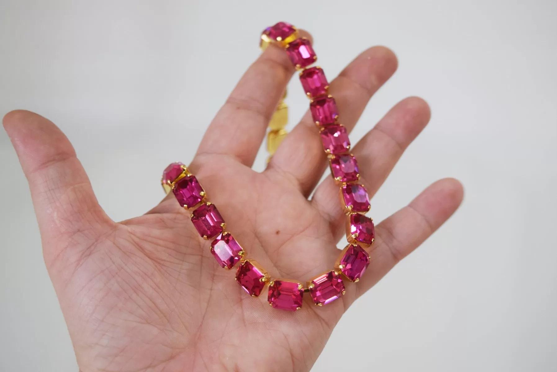 Dark Pink Crystal Collet Necklace - Small Octagon