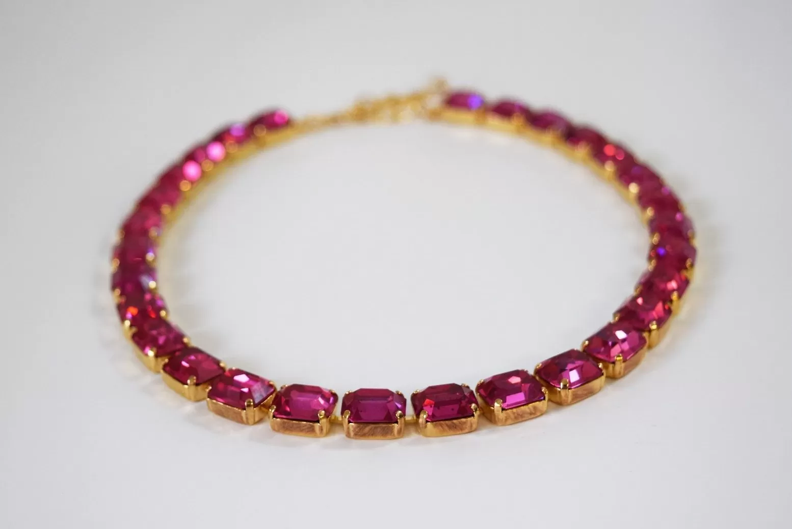 Dark Pink Crystal Collet Necklace - Small Octagon