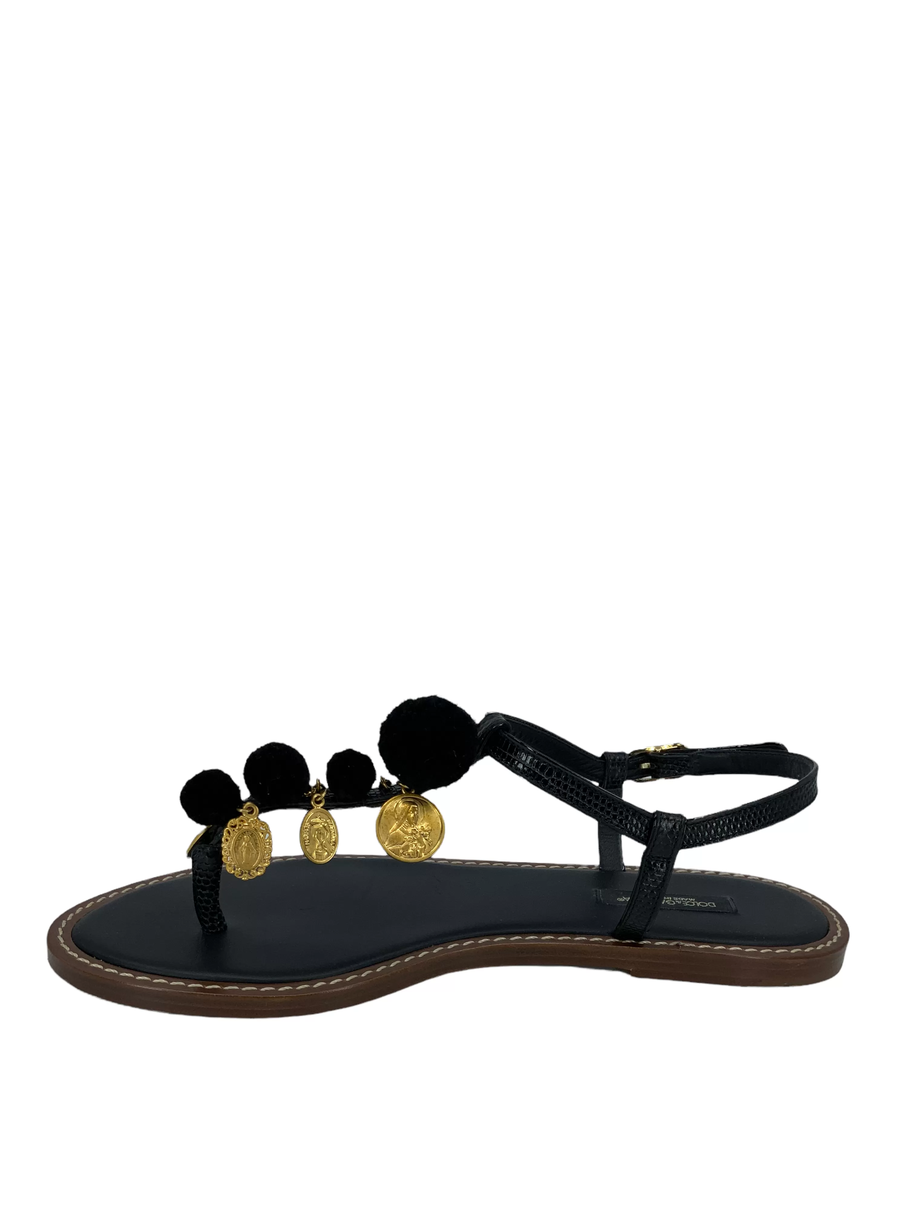 Dolce & Gabbanna Gold Coin Pom Pom Thong Sandals Size 8.5