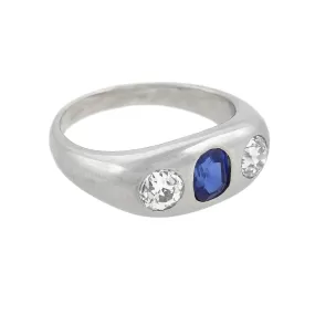 Edwardian Platinum Sapphire   Mine Cut Diamond 3-Stone Ring