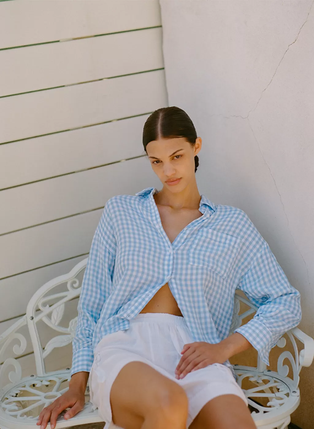 Gingham Double-Faced Gauze Oversized Shirt in White