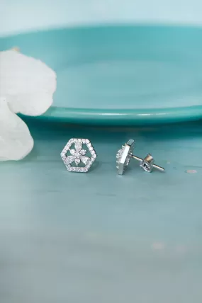 Hexagon With A Flower Sterling Silver Stud Earrings