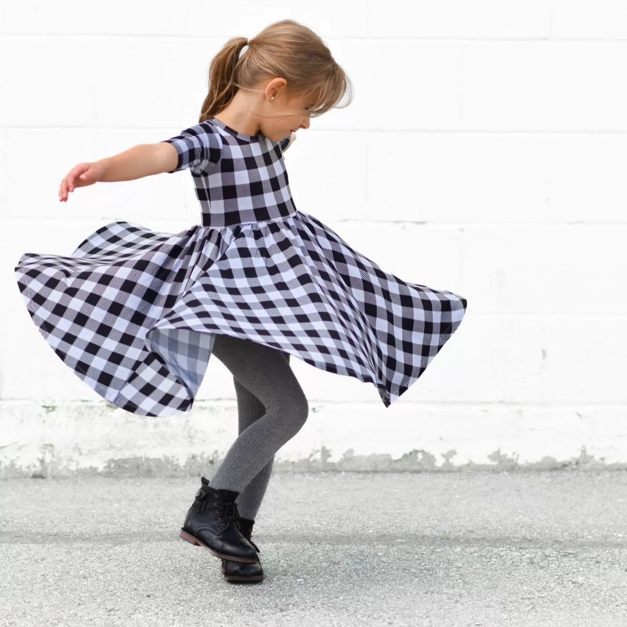 MID SLEEVE TWIRL- Grey Buffalo Plaid