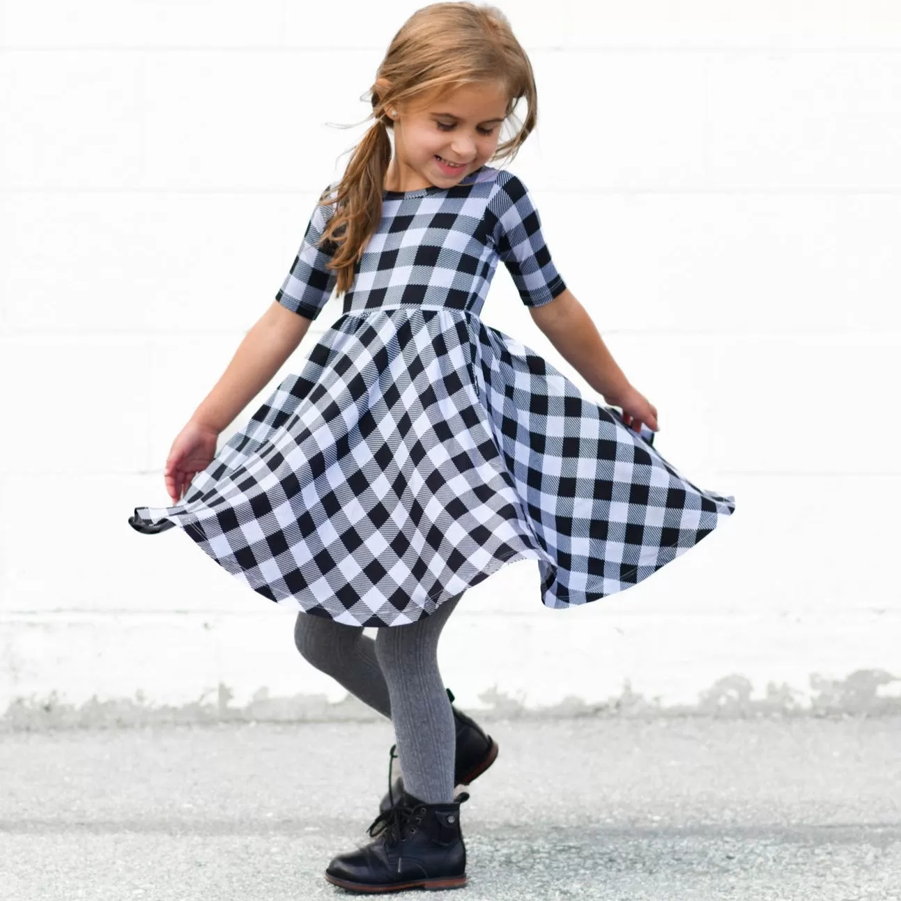 MID SLEEVE TWIRL- Grey Buffalo Plaid