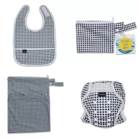 On The Go - Gift Set, Reusable Swim Nappy, Wet Bag and Baby Bib - Black Check