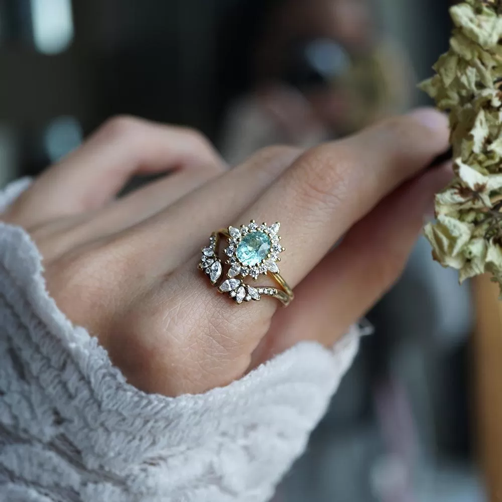 One Of A Kind: Oval Paraiba Tourmaline Mirage Diamond Ring in 14K and 18K Gold