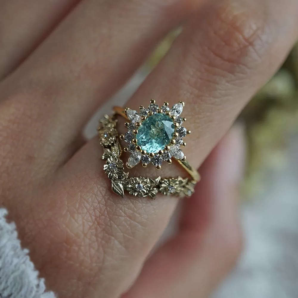 One Of A Kind: Oval Paraiba Tourmaline Mirage Diamond Ring in 14K and 18K Gold