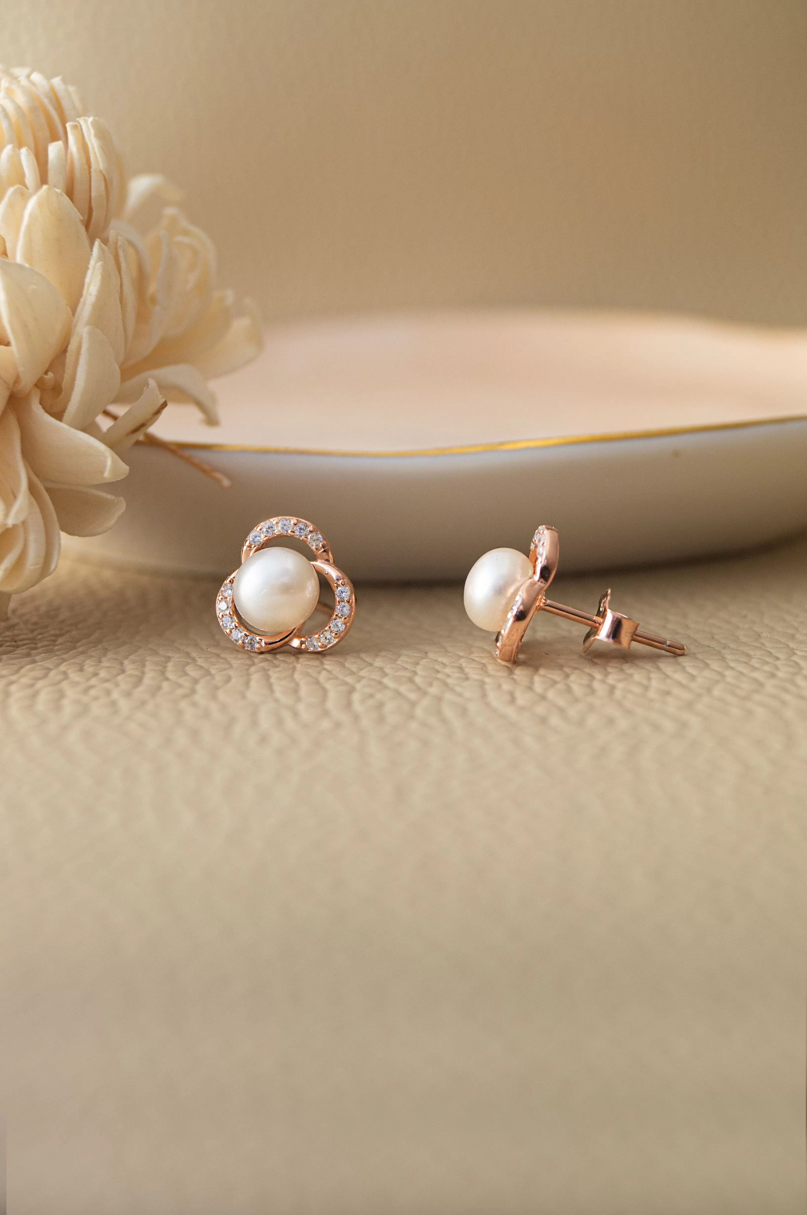 Pearl Enclosed Flower Rose Gold Plated Sterling Silver Stud Earrings