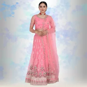 Pink pure net Lehenga Choli with multicolor embroidery