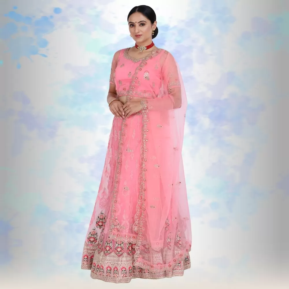 Pink pure net Lehenga Choli with multicolor embroidery